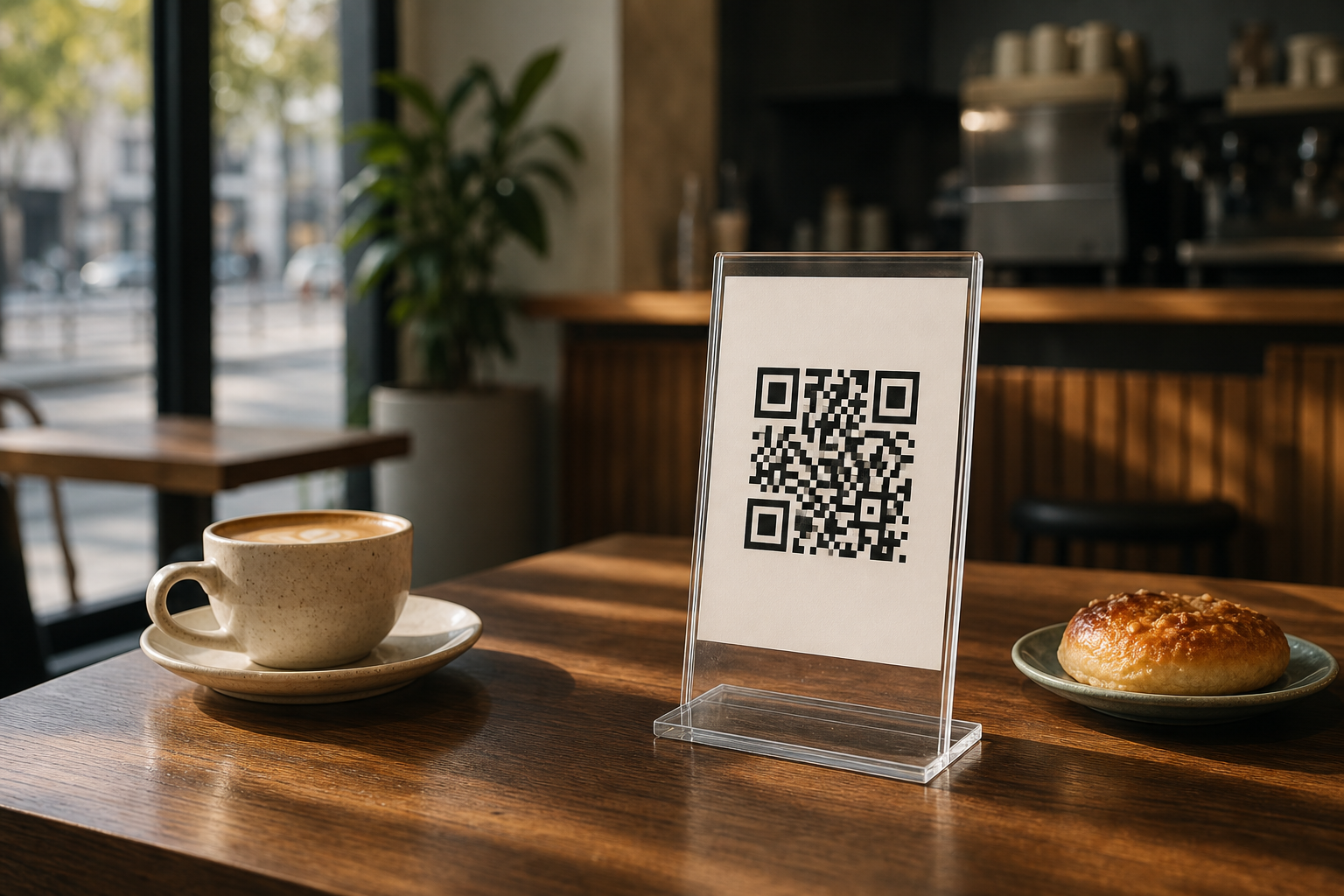 استند QR منوی دیجیتال روی میز یک کافه واقعی